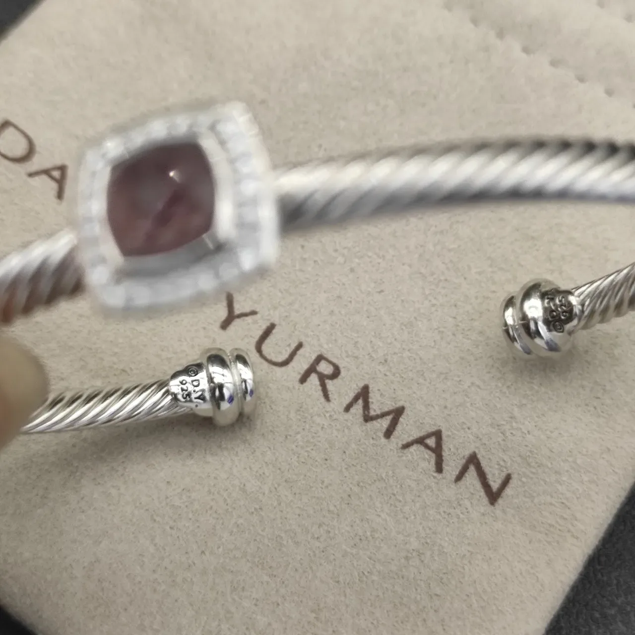 Silver Pink Twisted Cable Band Square Bezel Bracelet 2