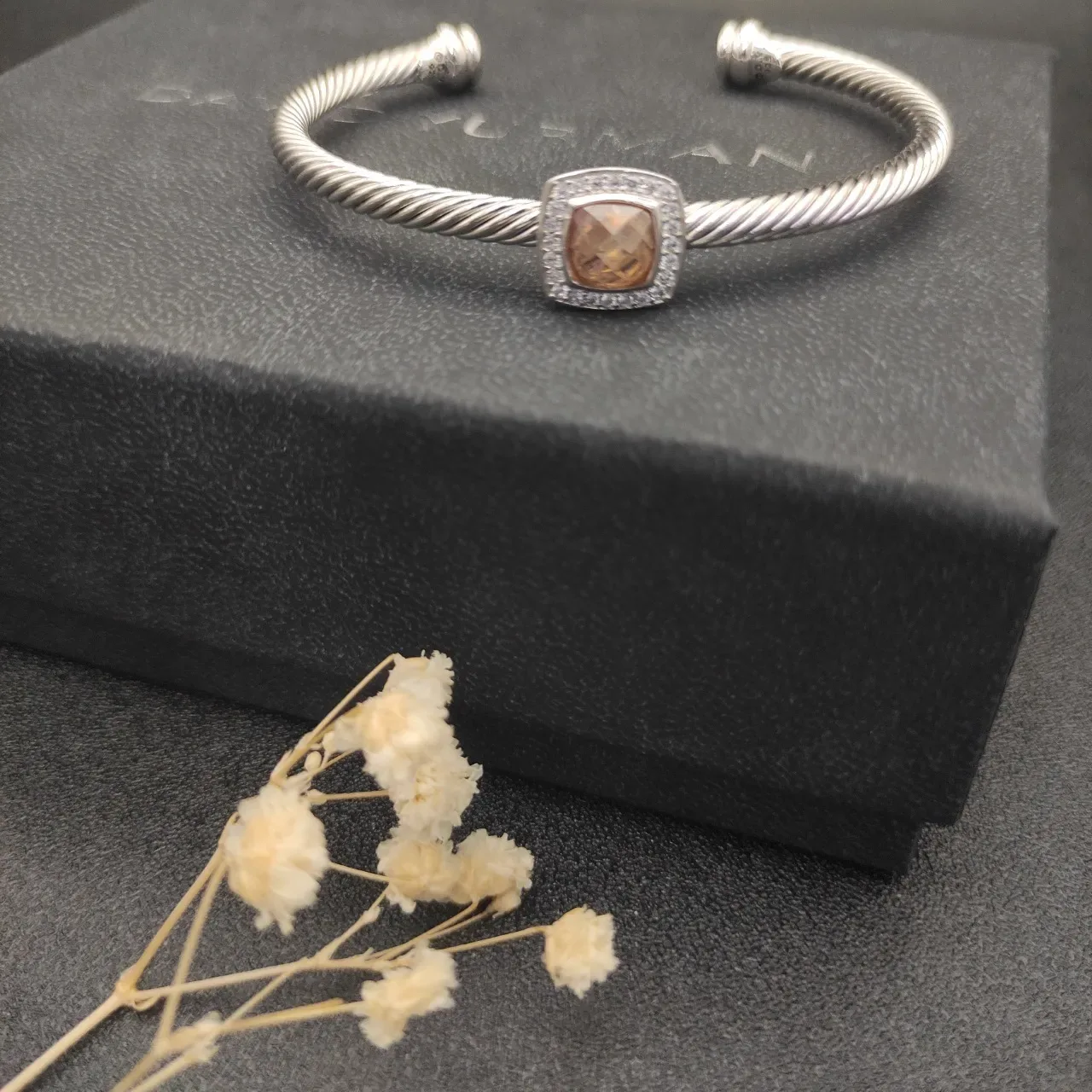 Silver Pink Twisted Cable Band Square Bezel Bracelet 3