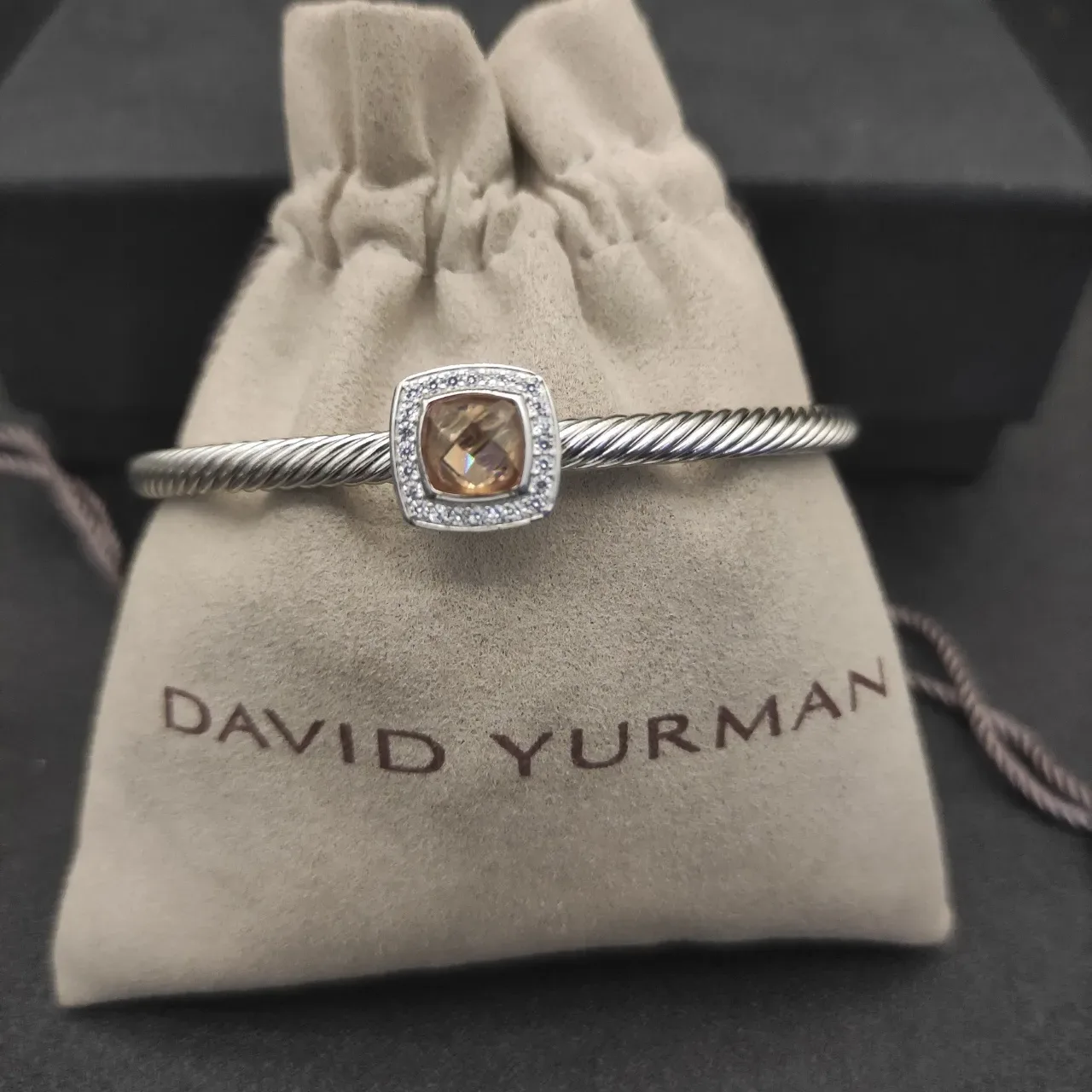 Silver Pink Twisted Cable Band Square Bezel Bracelet 4
