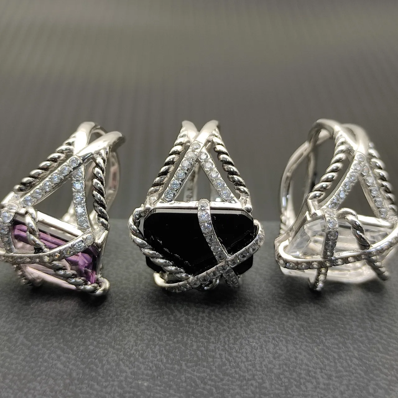 Silver Purple Twisted Rope Band Crisscross Pavé Bar Ring 2