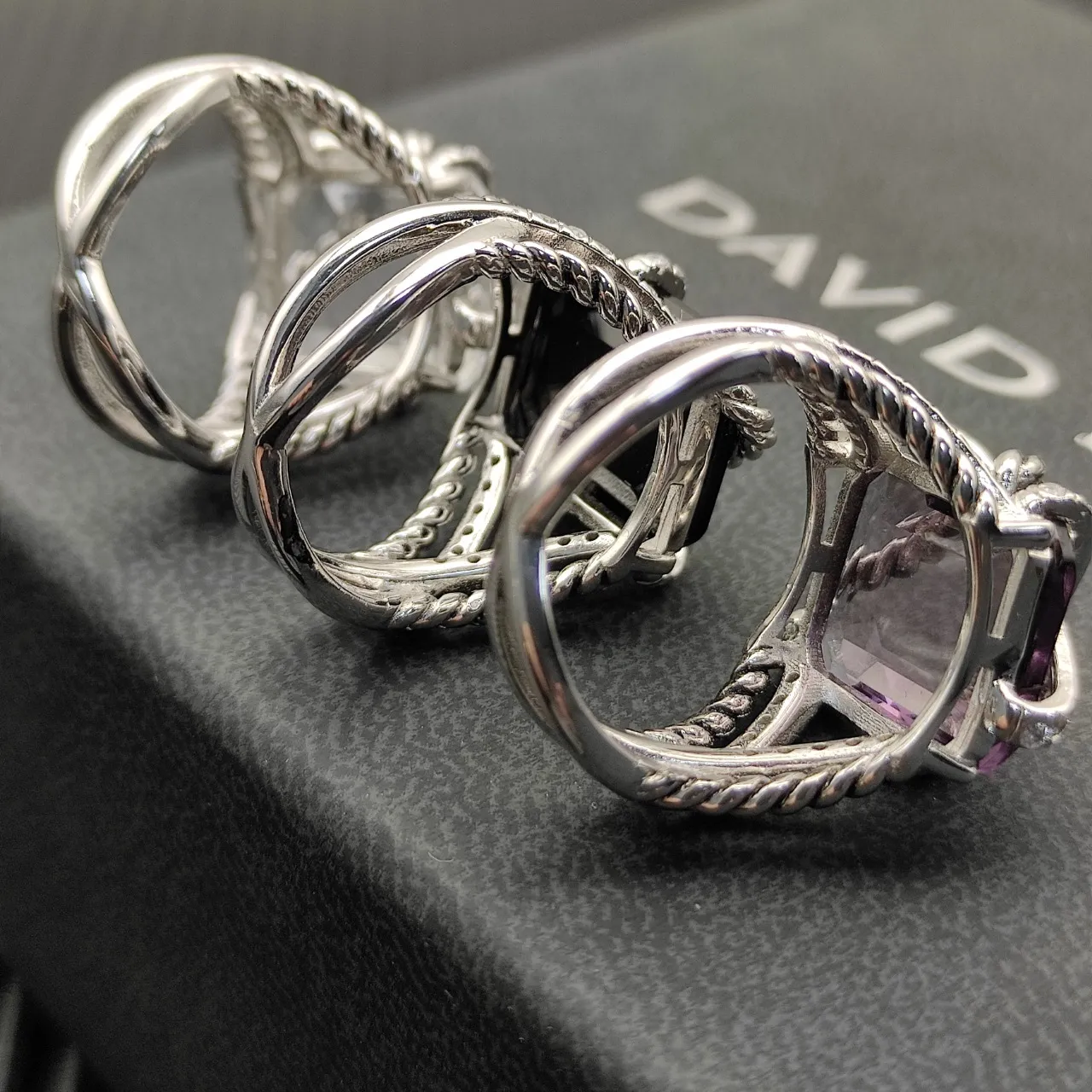 Silver Purple Twisted Rope Band Crisscross Pavé Bar Ring 3