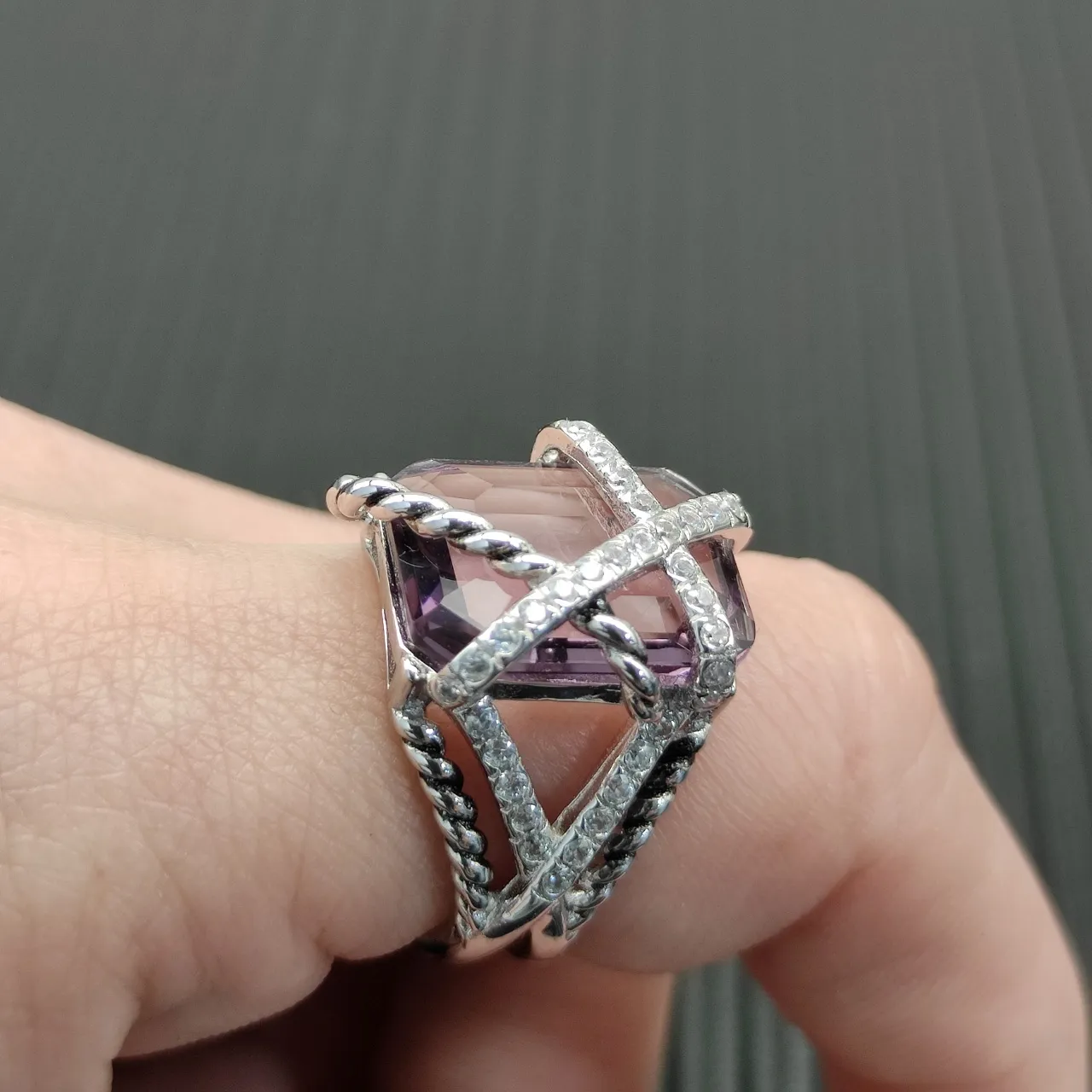 Silver Purple Twisted Rope Band Crisscross Pavé Bar Ring 5