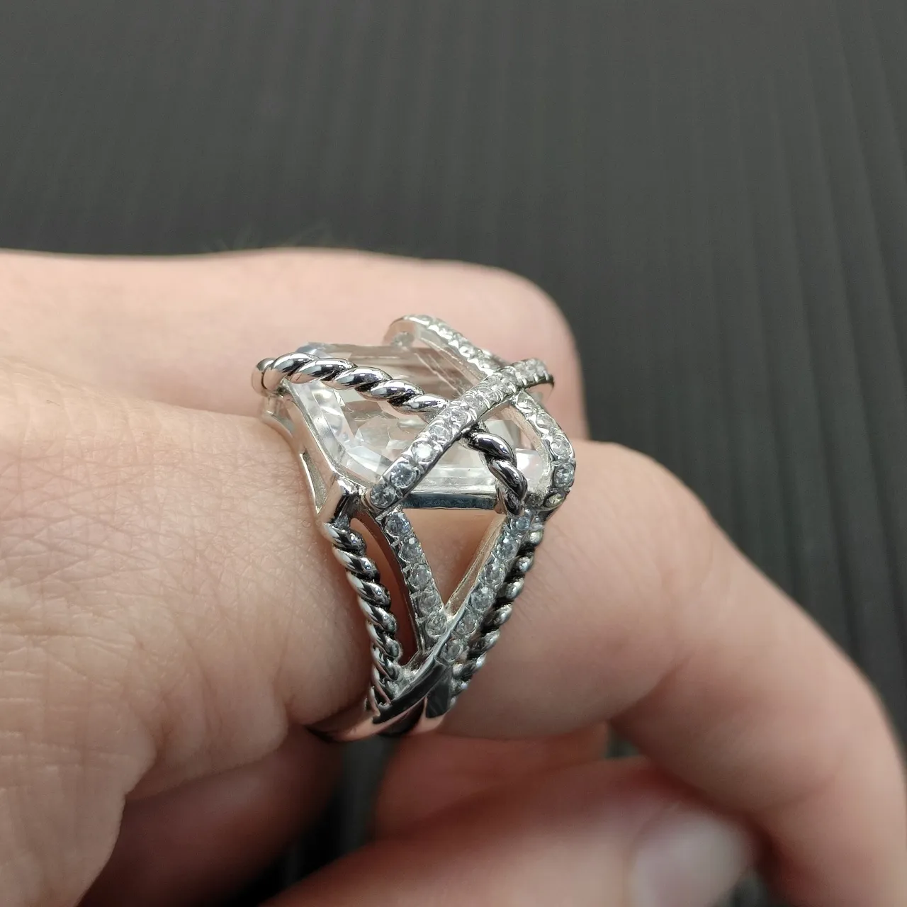 Silver Purple Twisted Rope Band Crisscross Pavé Bar Ring 6