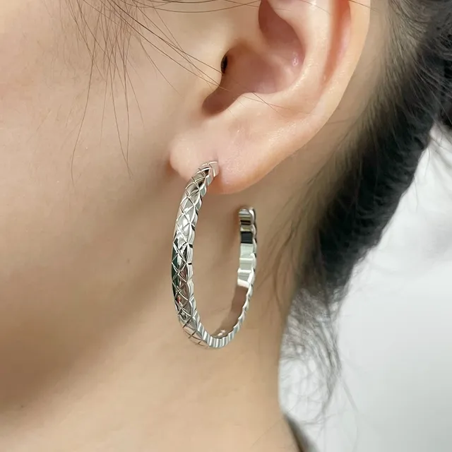 Silver Textured Woven Pattern Hoop Silhouette Earrings 8
