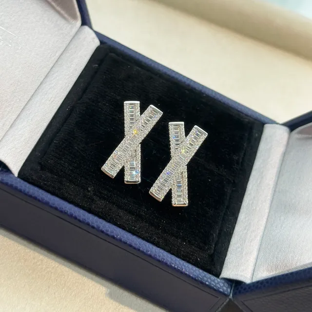 Silver-Tone Baguette Crystal X-Shape Stud Earrings 2
