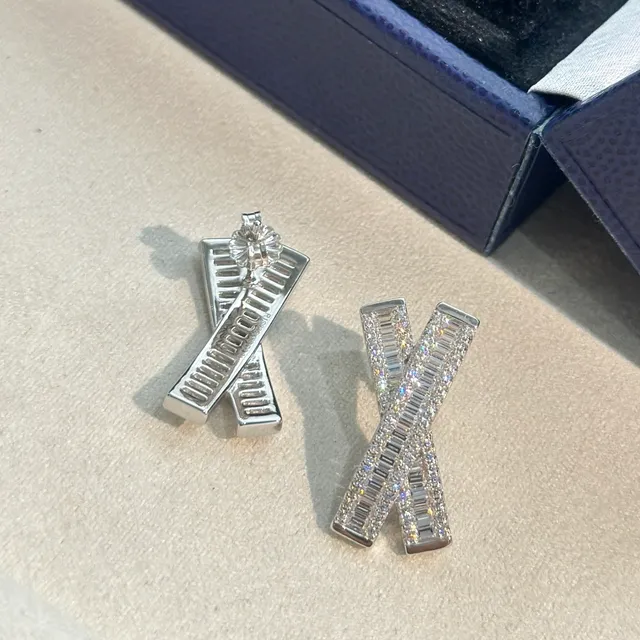 Silver-Tone Baguette Crystal X-Shape Stud Earrings 4