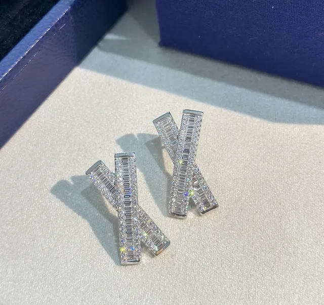 Silver-Tone Baguette Crystal X-Shape Stud Earrings 8