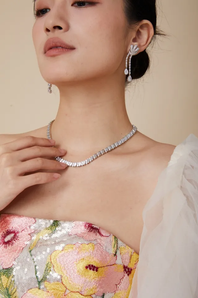 Silver-Tone Baguette-Cut Stone Link Necklace 7