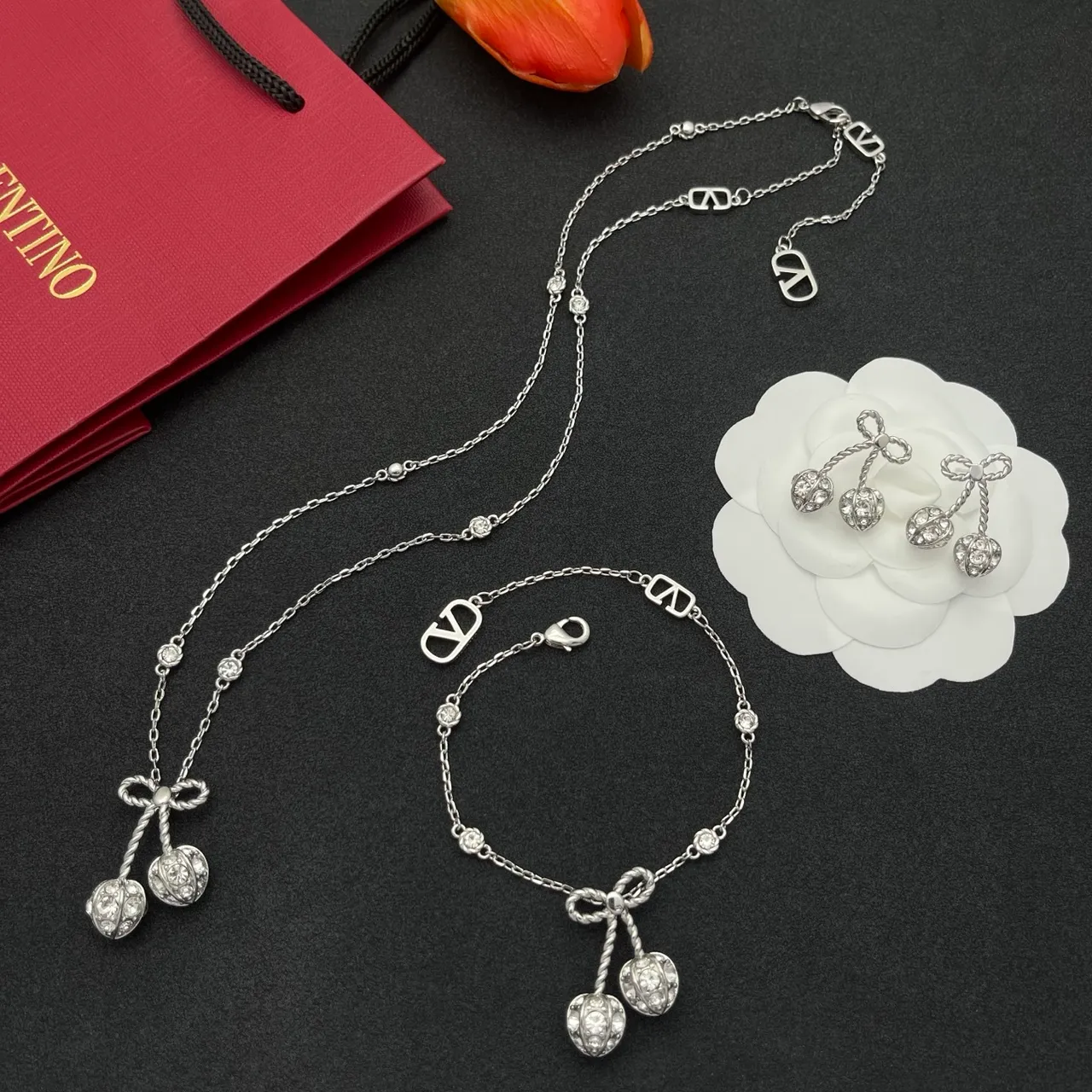 Silver-Tone Bow and Cherry Pendant Necklace 2