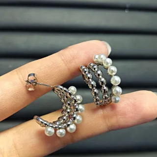 Silver-Tone Multi-Row Beaded Pearl Hoop Earrings