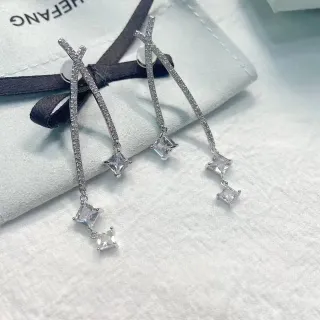 Silver-Toned Asymmetrical X-Bar Pavé Crystal Drop Earrings