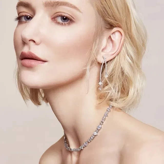 Silver-Toned Asymmetrical X-Bar Pavé Crystal Drop Earrings 3