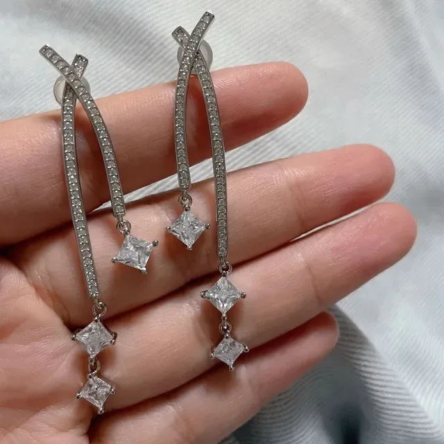 Silver-Toned Asymmetrical X-Bar Pavé Crystal Drop Earrings 4