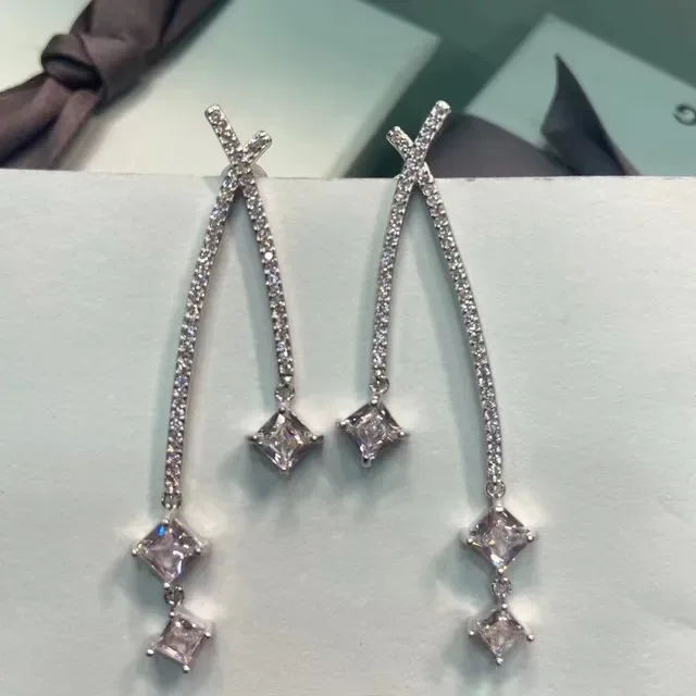 Silver-Toned Asymmetrical X-Bar Pavé Crystal Drop Earrings 5