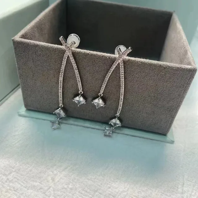 Silver-Toned Asymmetrical X-Bar Pavé Crystal Drop Earrings 6