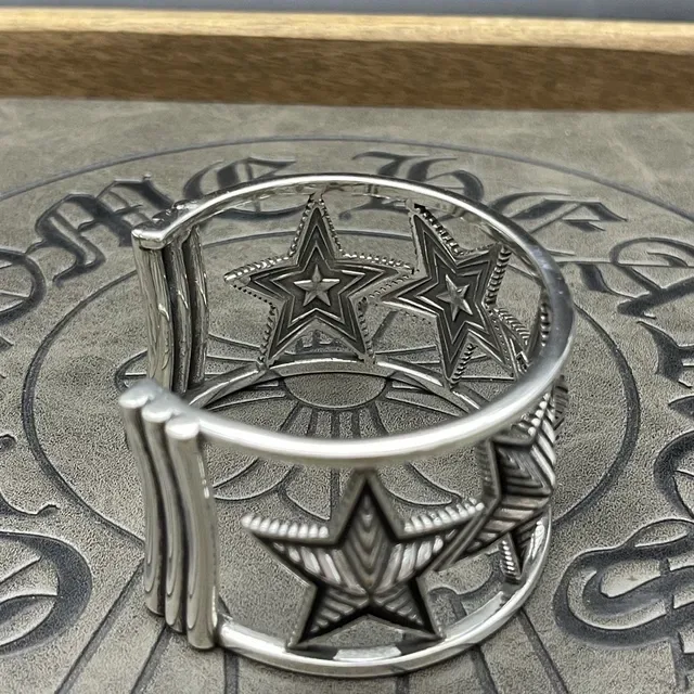 Silver-Toned Engraved Star Motif Open Cuff Bracelet 7