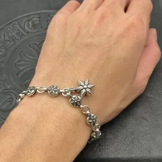 Silver-Toned Oxidized Floral Bead Star Charm Bracelet 2