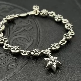 Silver-Toned Oxidized Floral Bead Star Charm Bracelet 3