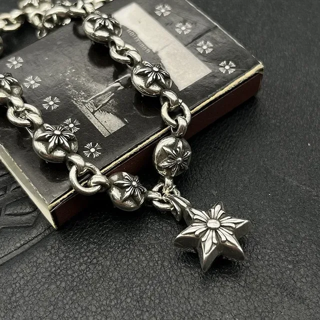 Silver-Toned Oxidized Floral Bead Star Charm Bracelet 5