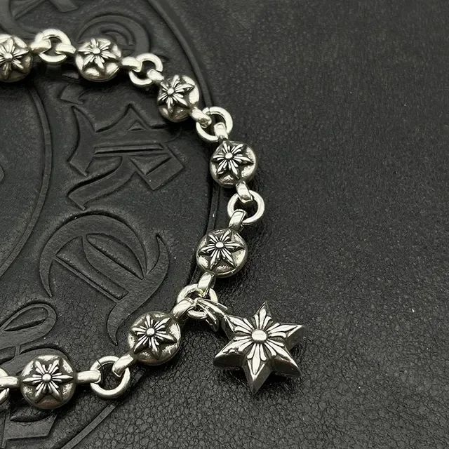 Silver-Toned Oxidized Floral Bead Star Charm Bracelet 6