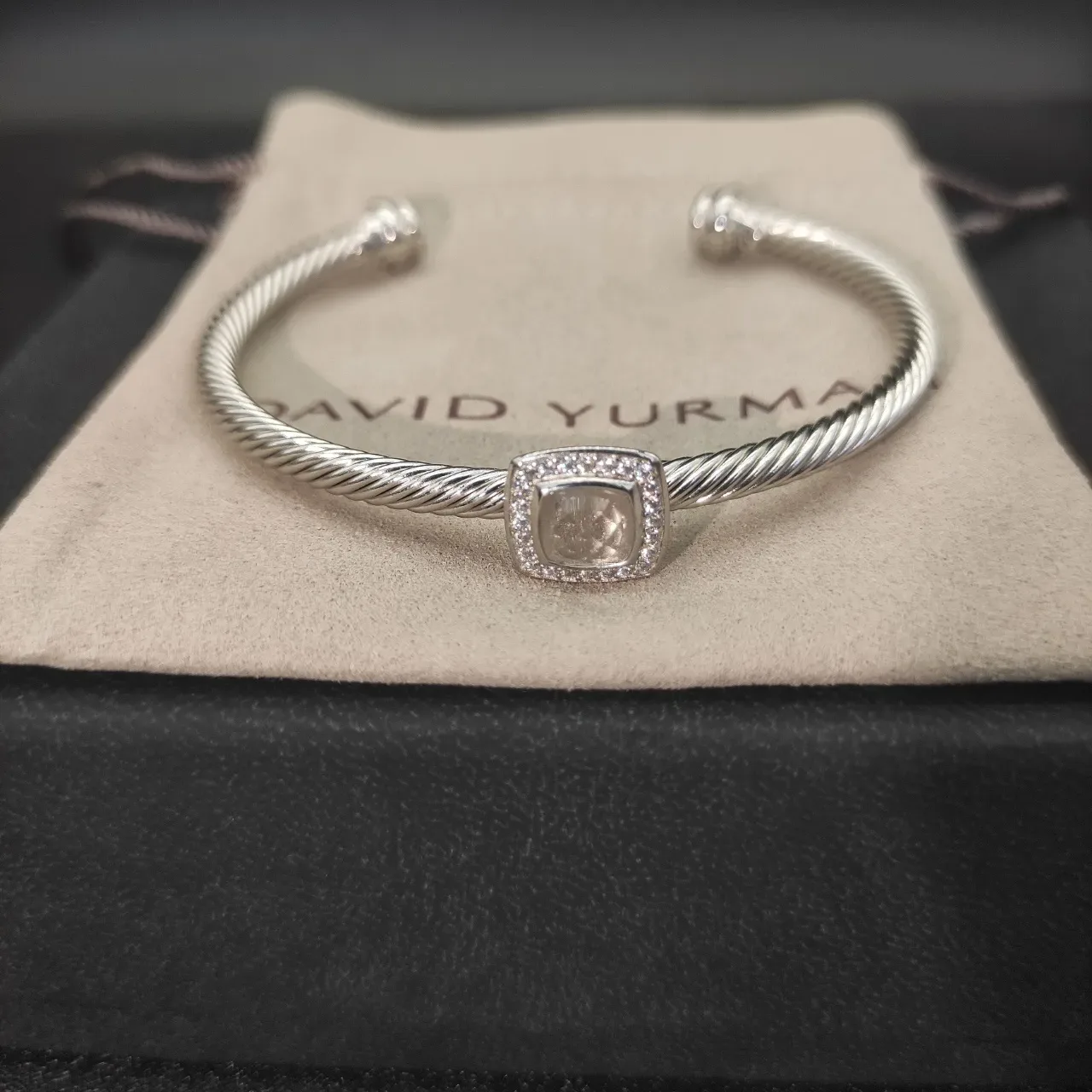 Silver White Rope-Twist Band Square Pavé-Set Centerpiece Bracelet 5