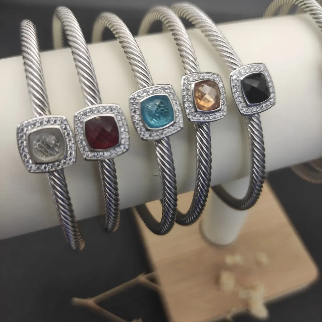 Silver White Rope-Twist Band Square Pavé-Set Centerpiece Bracelet 6