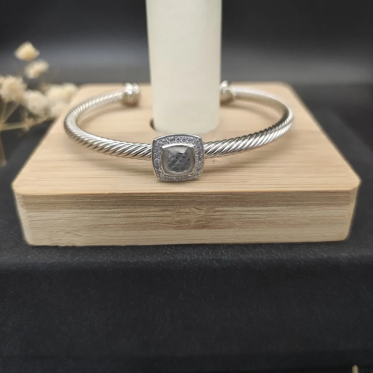Silver White Rope-Twist Band Square Pavé-Set Centerpiece Bracelet 8