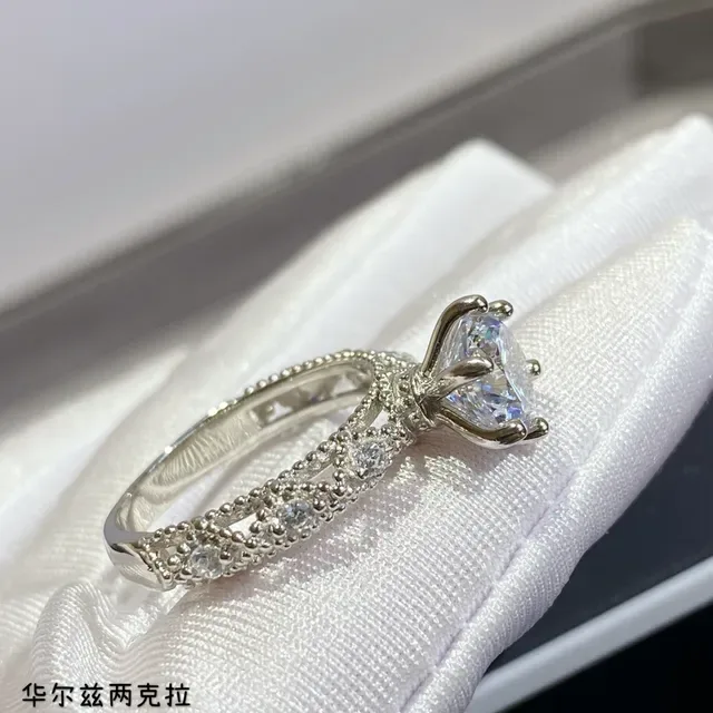 Silver White Solitaire Center Stone Six-Prong Setting Ring 6