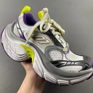 Skechers أبيض بنفسجي منصة شبكي واصطناعي تجاوز بناء أحذية رياضية سميكة