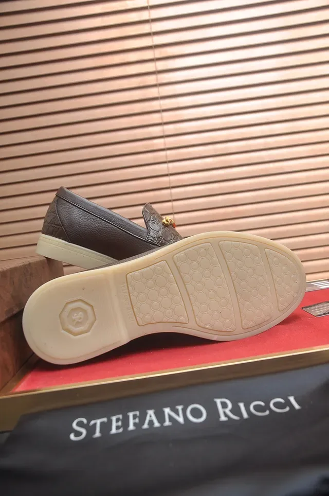 Stefano Ricci Marron Beige Cuir Crocodile Embossé Boucle Cheval Doré Mocassin 3