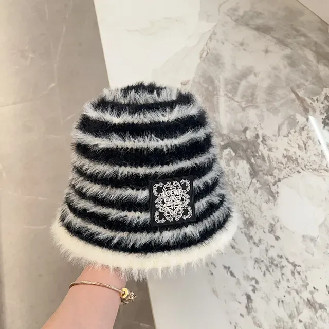 Striped Black and White Faux Fur Bucket Hat 4