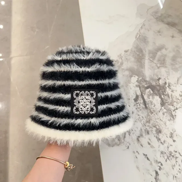 Striped Black and White Faux Fur Bucket Hat 5