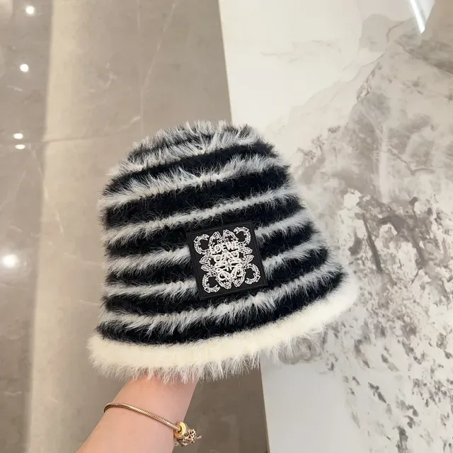 Striped Black and White Faux Fur Bucket Hat 6