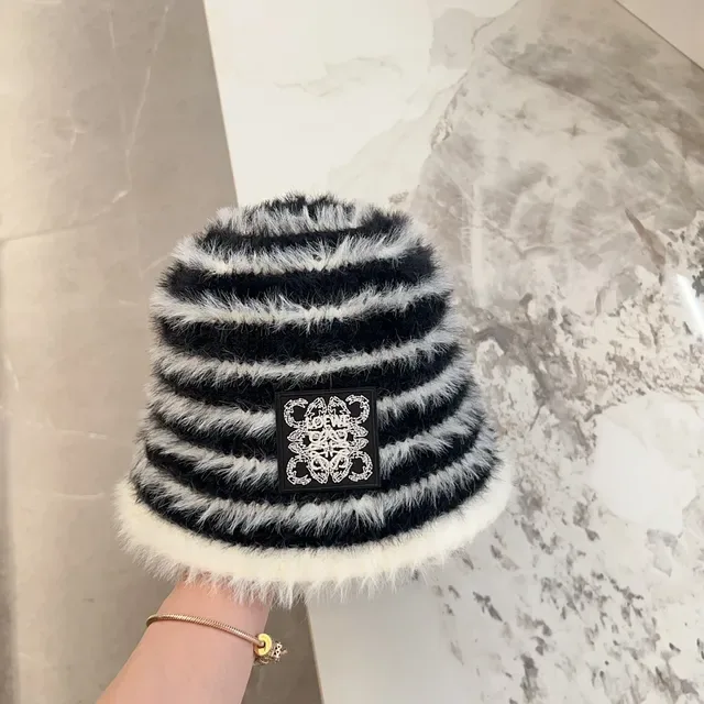 Striped Black and White Faux Fur Bucket Hat 7