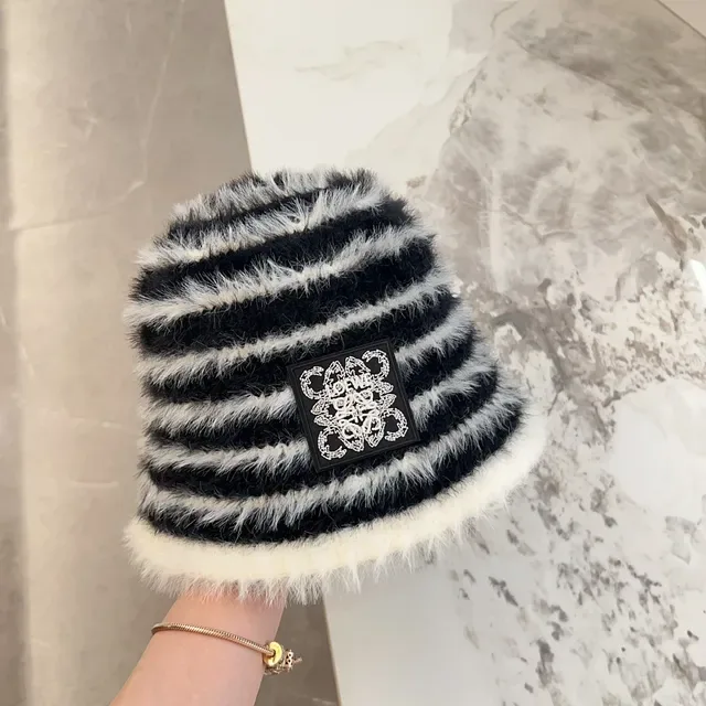 Striped Black and White Faux Fur Bucket Hat 8