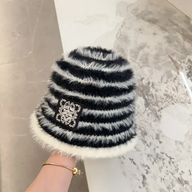 Striped Black and White Faux Fur Bucket Hat 9