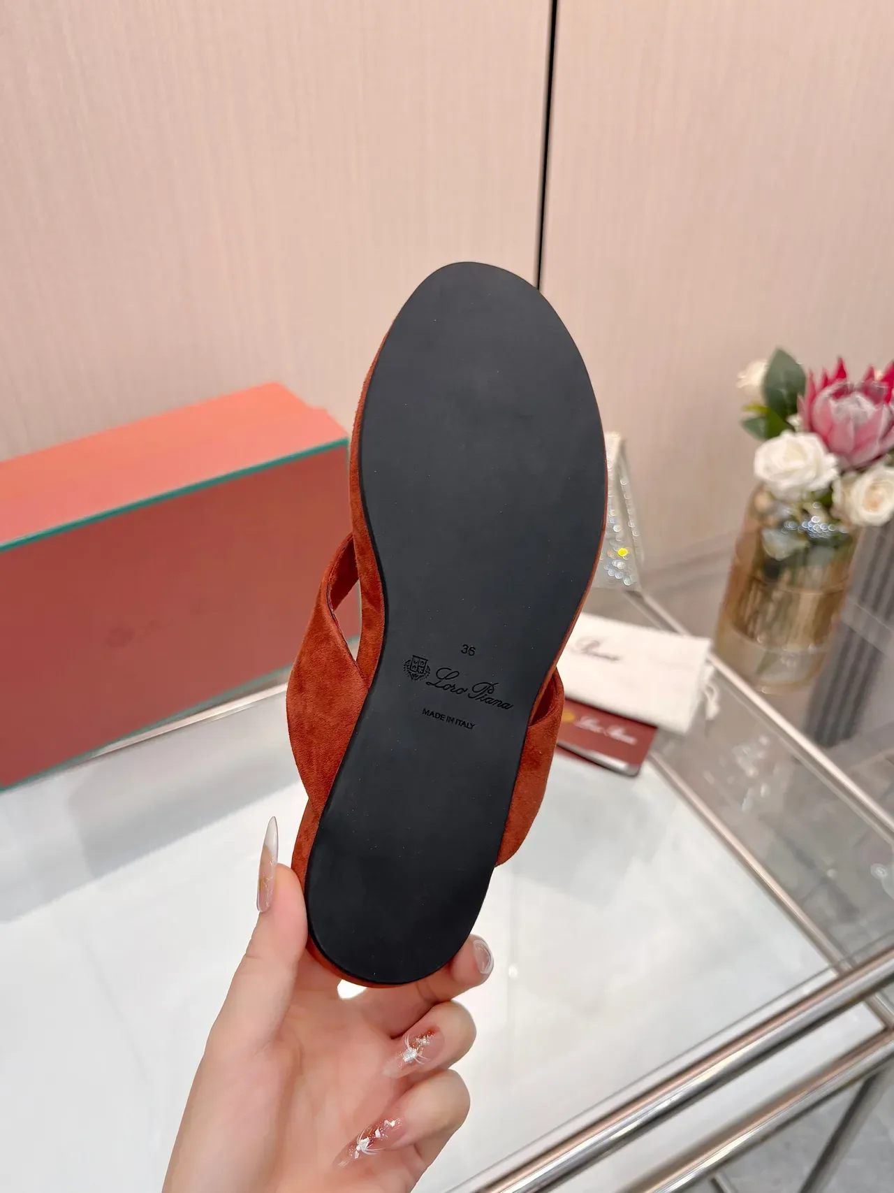 Terracotta Suede Y-Strap Flat Slippers 2