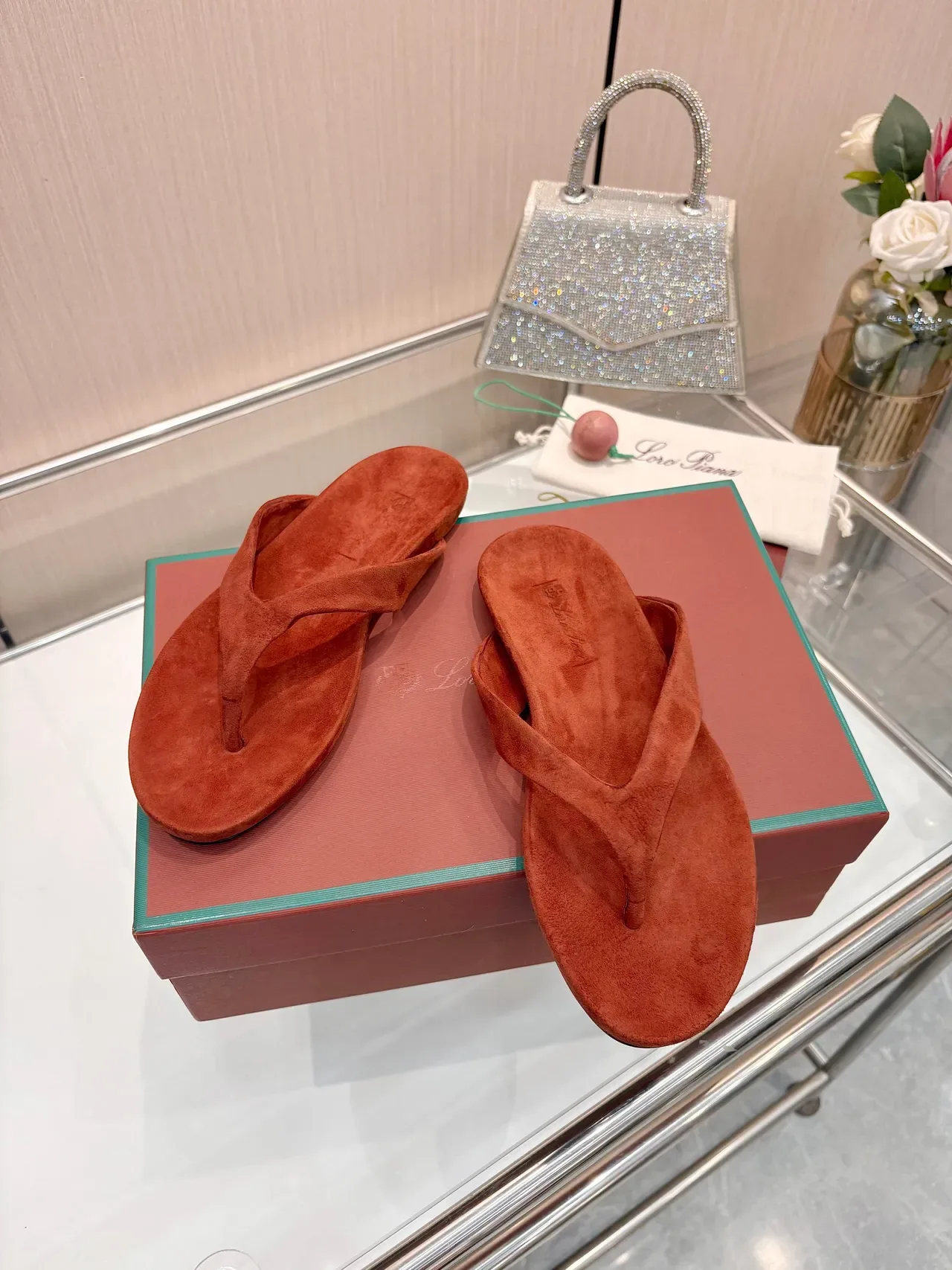 Terracotta Suede Y-Strap Flat Slippers 5