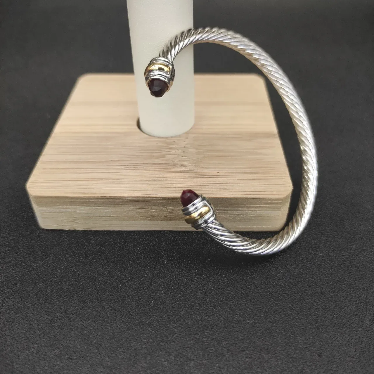 Twisted Cable Gemstone-Tipped Two-Tone Open Cuff Bracelet 5