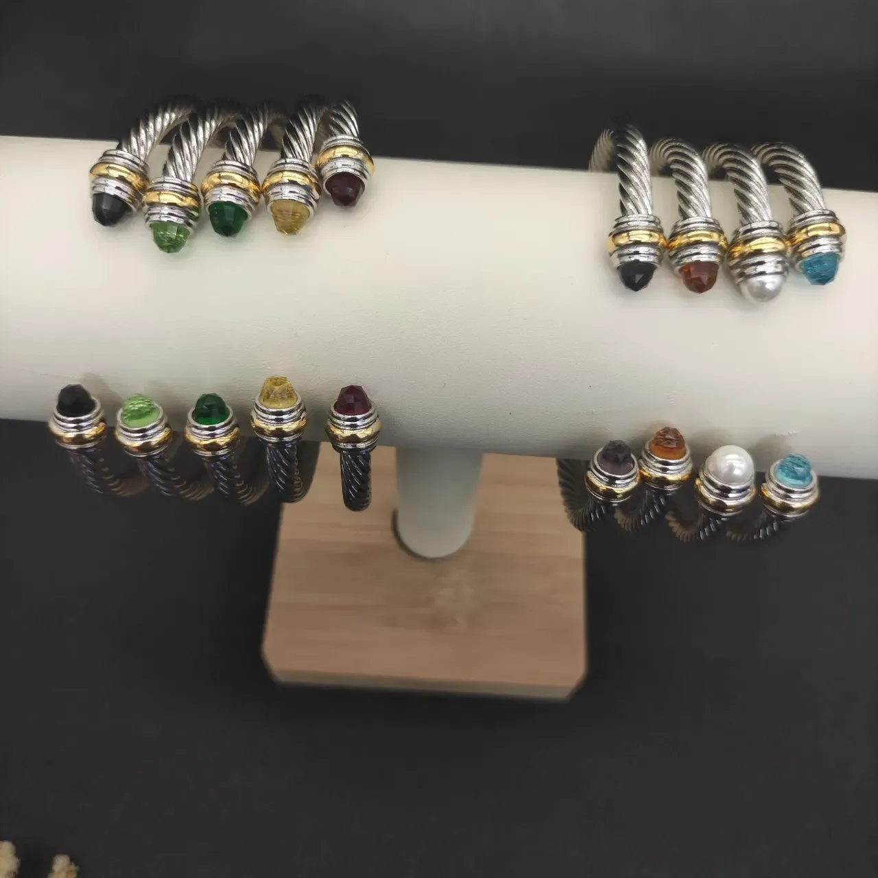 Twisted Cable Gemstone-Tipped Two-Tone Open Cuff Bracelet 6