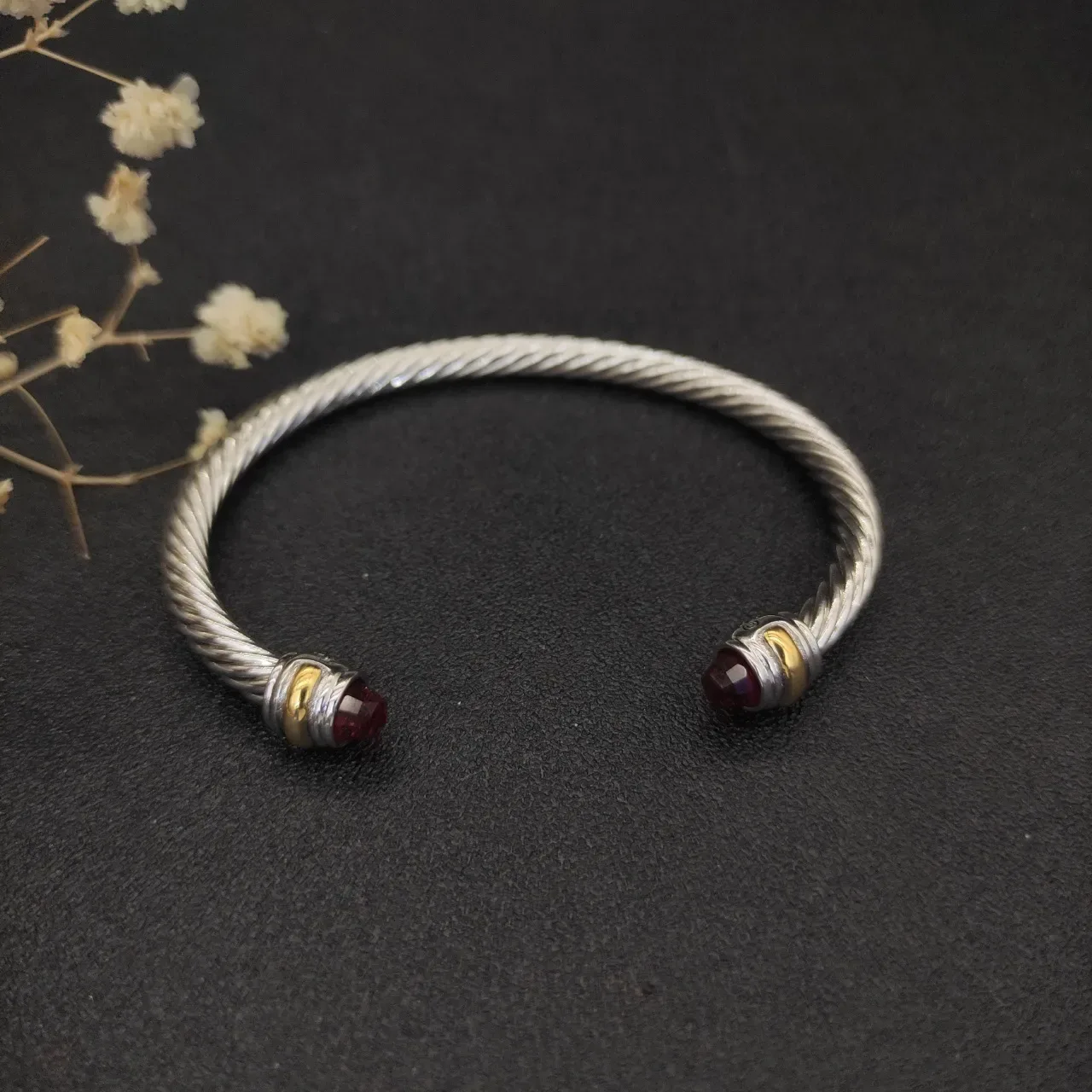 Twisted Cable Gemstone-Tipped Two-Tone Open Cuff Bracelet 7