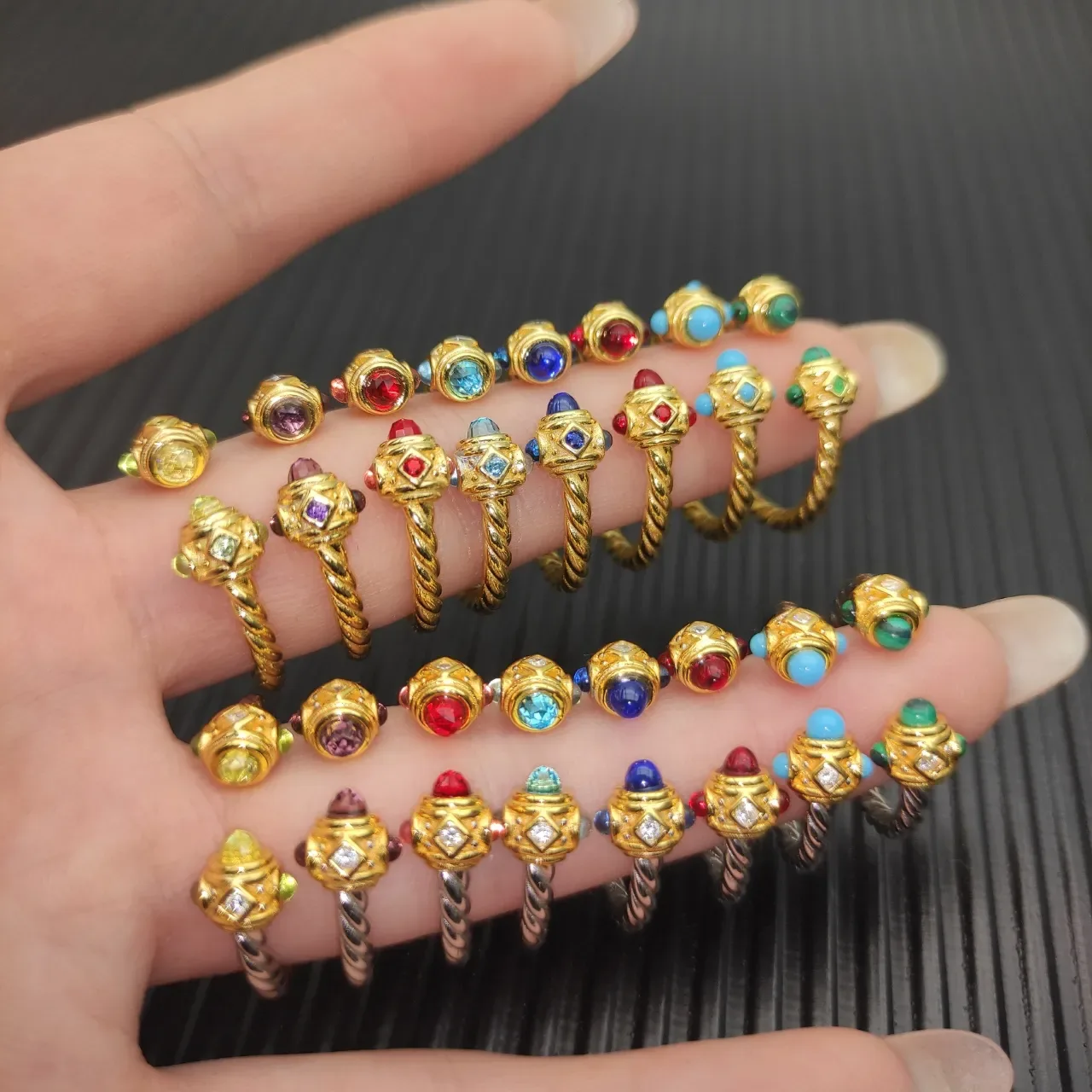 Twisted Rope Band Dual-Tone Gemstone Terminal Adjustable Ring 2