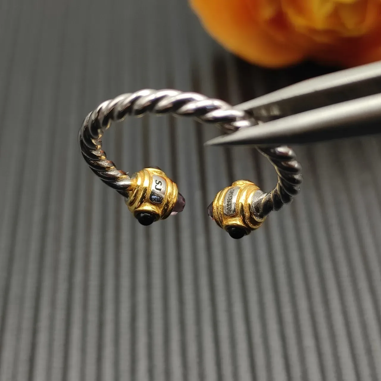 Twisted Rope Band Dual-Tone Gemstone Terminal Adjustable Ring 7