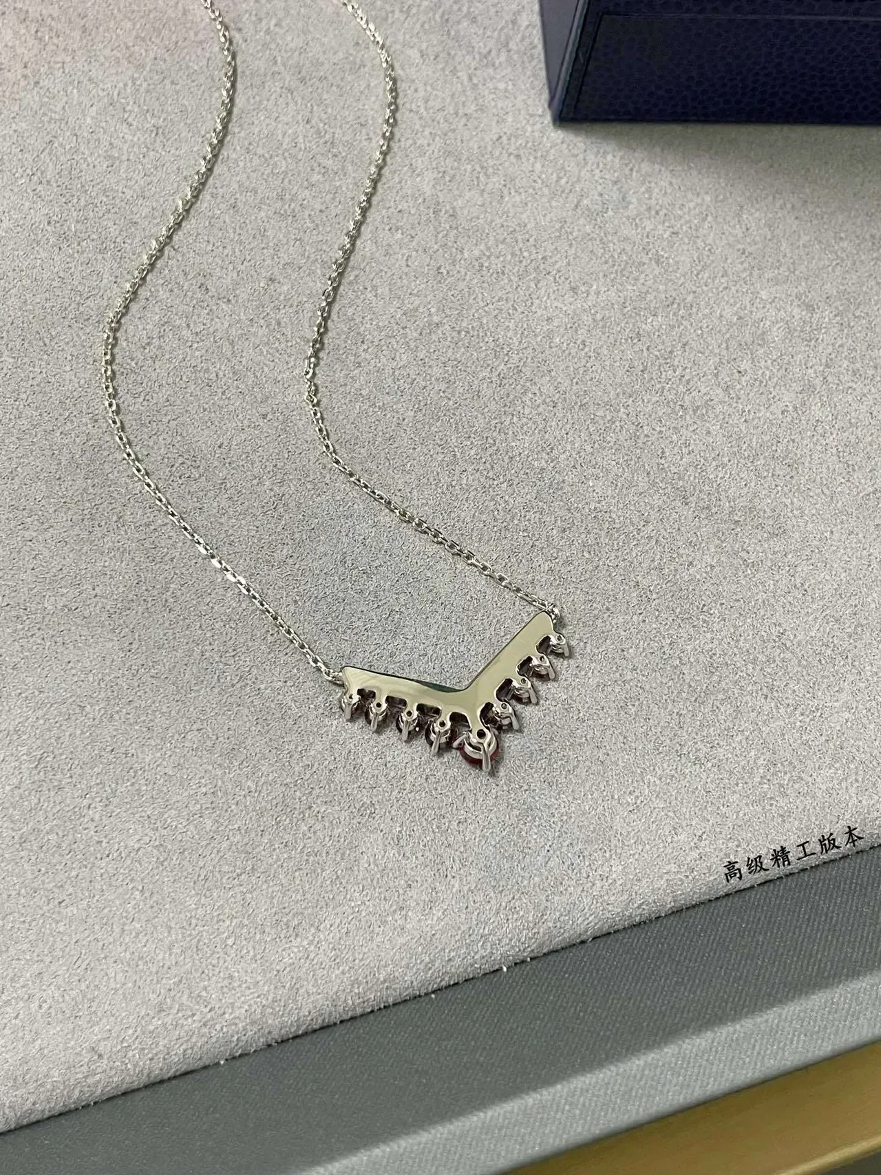 V-Shaped Pavé Diamond and Ruby Drop Pendant Necklace 3