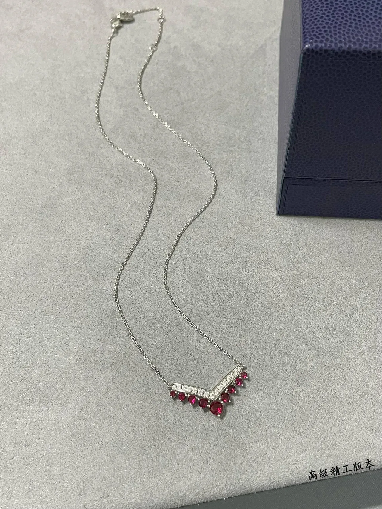 V-Shaped Pavé Diamond and Ruby Drop Pendant Necklace 4