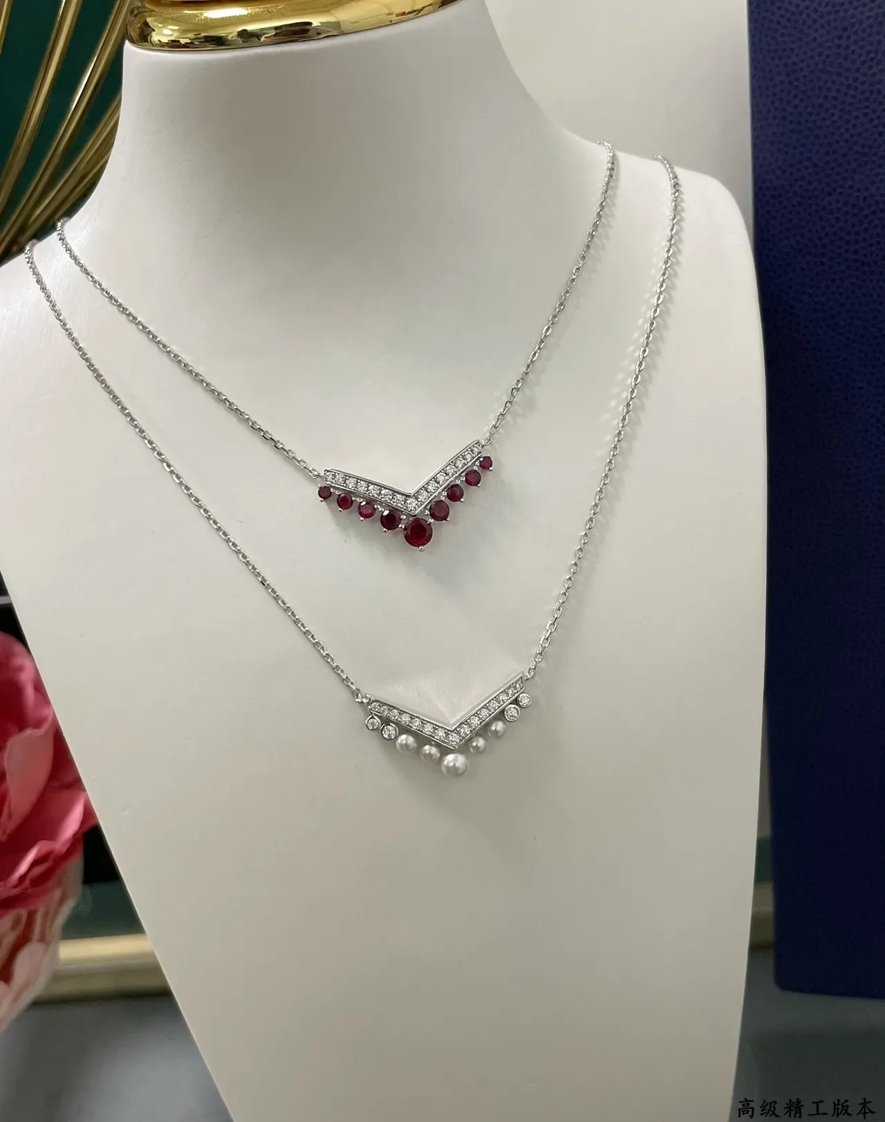 V-Shaped Pavé Diamond and Ruby Drop Pendant Necklace 6