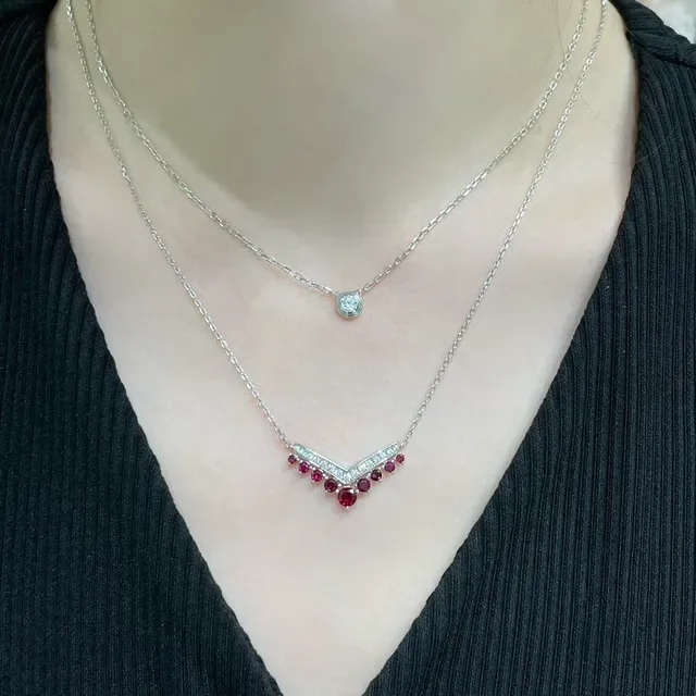 V-Shaped Pavé Diamond and Ruby Drop Pendant Necklace 8