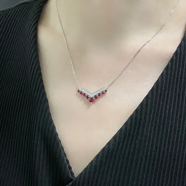 V-Shaped Pavé Diamond and Ruby Drop Pendant Necklace 9