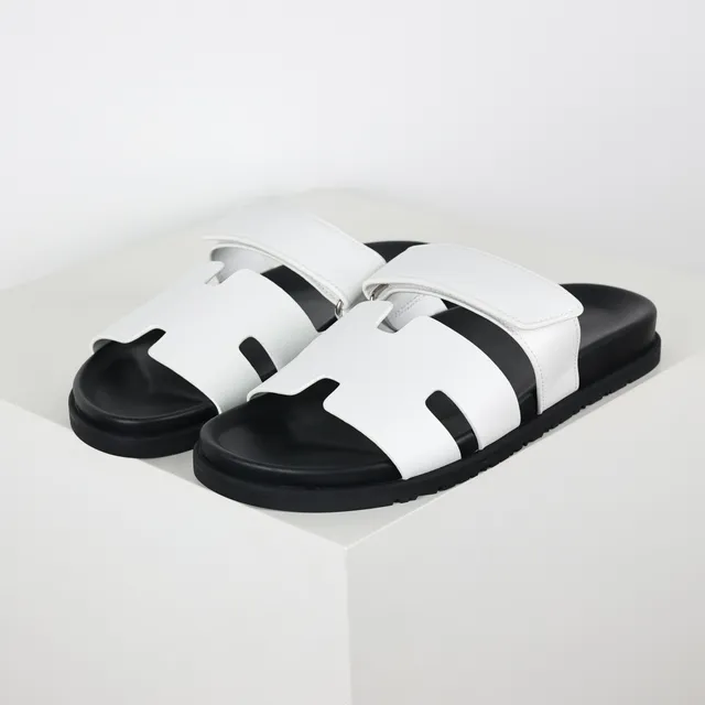White and Black Double-Strap Slide Slippers 2