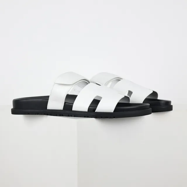 White and Black Double-Strap Slide Slippers 3